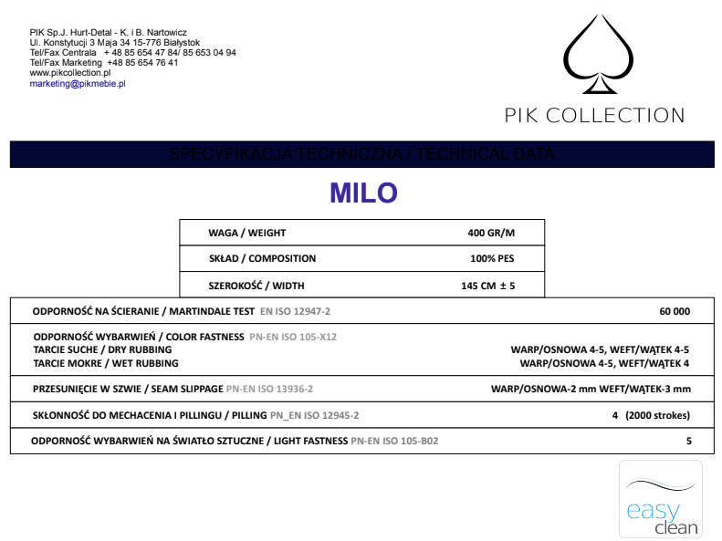 Karta techniczna tkanin Milo marki PIK COLLECTION dla mebli tapicerowanych producenta Meblosoft